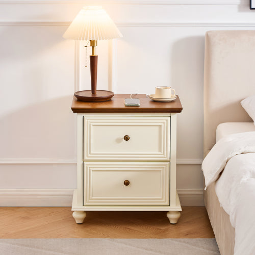 Mid Century Modern Nightstand with Charging Station and 2 Drawers