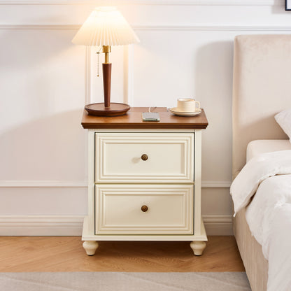 Mid Century Modern Nightstand with Charging Station and 2 Drawers