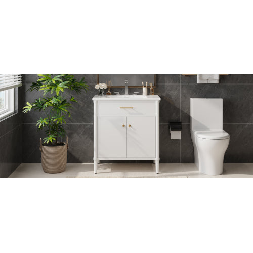 31" Bathroom Vanity with Sink, Bathroom Cabinet with Soft Close Doors and Adjustable Shelf, Curved Profile Design, Rubber Wood Legs, White