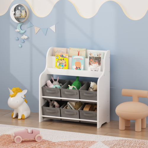 Kids Bookshelf With 6 Fabric Bins Front Display Toy Book Storage Cabinet