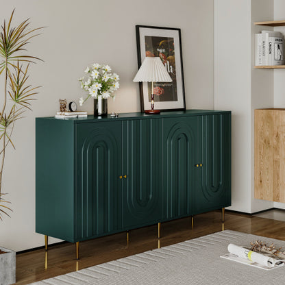 Modern Green Lacquered 4 Door Sideboard Buffet Cabinet Gold Metal Legs Adjustable Shelves
