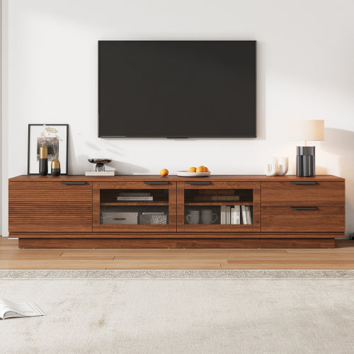 78.74 inch Walnut Fluted Glass Door Legless TV Stand 2 Drawer Media Console Supports Up To 85 inch TV