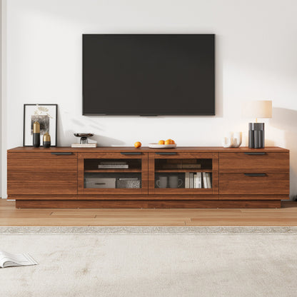 78.74 inch Walnut Fluted Glass Door Legless TV Stand 2 Drawer Media Console Supports Up To 85 inch TV
