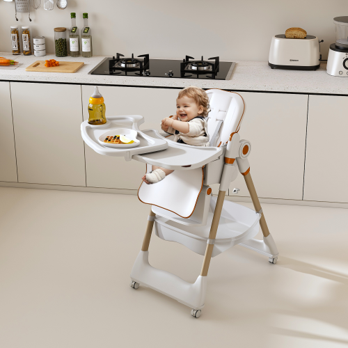 White Foldable Baby High  Dining  Chair for 0-6 Years, 5 Height Adjustable, Safety Belt, Lockable Silent Wheels