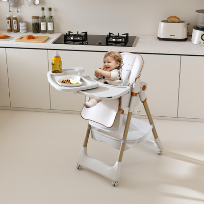 White Foldable Baby High  Dining  Chair for 0-6 Years, 5 Height Adjustable, Safety Belt, Lockable Silent Wheels
