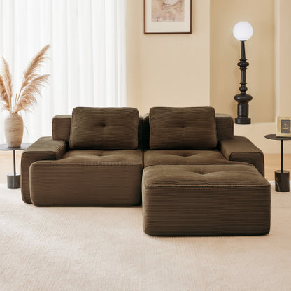 82-Inch Brown Corduroy L-Shaped Modular Sectional Tufted Sofa with Movable Ottoman No-Assembly