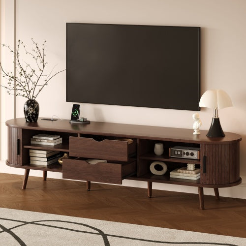 70.8 Inch Mid-Century TV Stand with Tambour Doors, Rattan Drawers & Power Outlet for 80 Inch TV