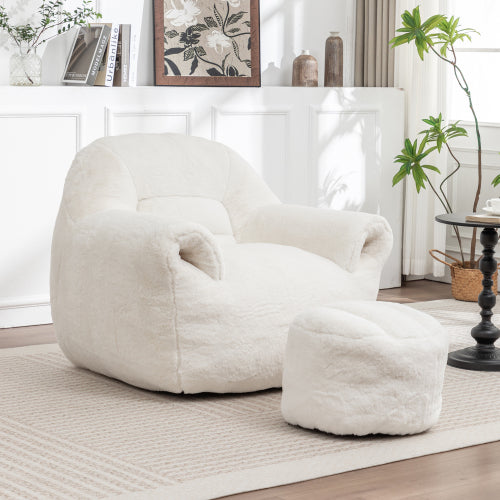 White Faux-Fur Bean Bag Sofa Chair with Back Support & Matching Footstool