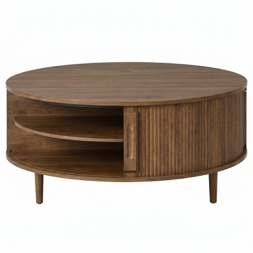 Round Lift Top Coffee Table Storage Sliding Door Pine Wood Legs Modern Wood Wave Design
