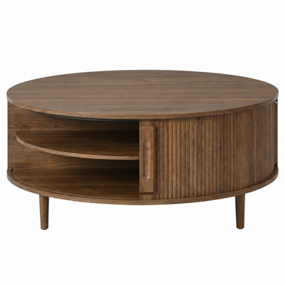 Round Lift Top Coffee Table Storage Sliding Door Pine Wood Legs Modern Wood Wave Design