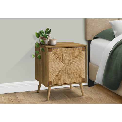 Light Walnut Accent Table Seagrass Door Storage Cabinet with Shelf