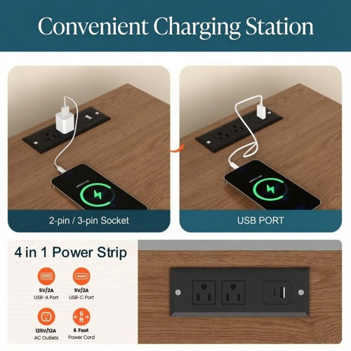 2-Pack Brown Nightstand with Charging Station & Wood Legs
