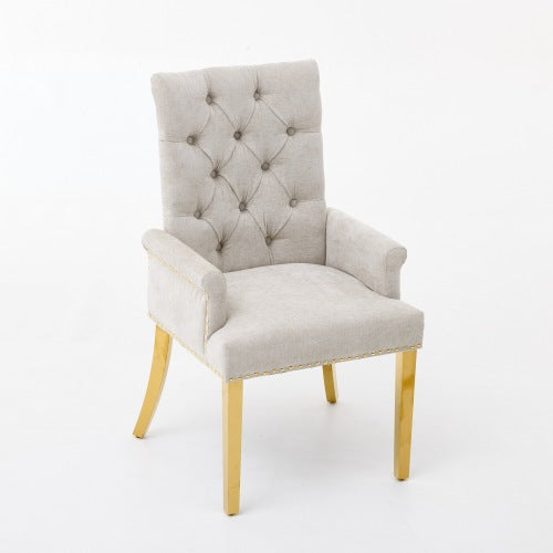Single Beige Tufted High-Back Chenille Arm Dining Chair, Nailhead Trim, S-Spring Cushion, Polished Stainless Steel Legs