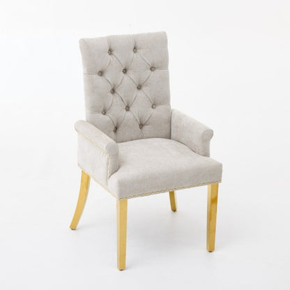 Single Beige Tufted High-Back Chenille Arm Dining Chair, Nailhead Trim, S-Spring Cushion, Polished Stainless Steel Legs