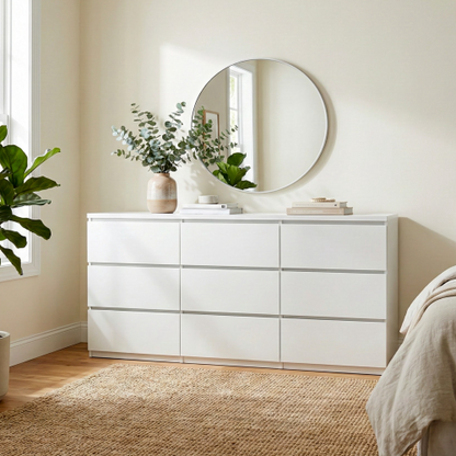 9 Drawer Dresser with No Handle Design, Modern White Matte Wood Dresser for Bedroom, Storage Chest of Drawers for Living Room, Hallway, Entryway