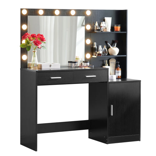 Black Vanity Desk with Mirror & Lights, 46.4IN Dressing Table, 2 Large Drawers & Vertical Organizer, 3 Lighting Modes