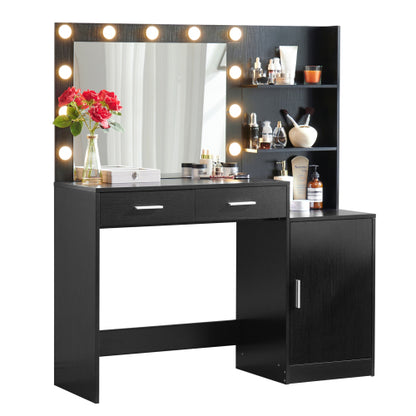 Black Vanity Desk with Mirror & Lights, 46.4IN Dressing Table, 2 Large Drawers & Vertical Organizer, 3 Lighting Modes