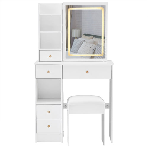 29.2 inch  Small Vanity Table Set w/ LED Mirror, Left Drawer, 3-Color Dimmable Light & Cushioned Stool