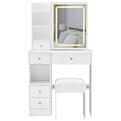 29.2 inch  Small Vanity Table Set w/ LED Mirror, Left Drawer, 3-Color Dimmable Light & Cushioned Stool