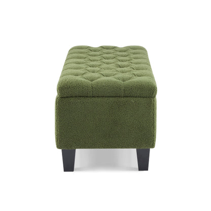 Green Boucle Storage Ottoman Bench, Tufted Design with Rubber Wood Legs, 300 LBS Capacity, 51.18 inchL x17.52 inchW x18 inchH
