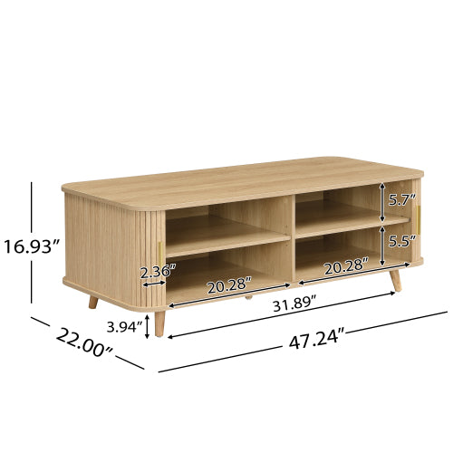 Mid-Century Natural Wood Coffee Table with Tambour Doors & 4 Open Storage Compartments