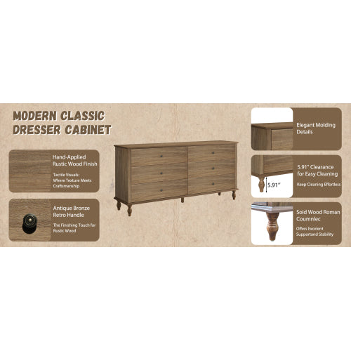 6 Drawer Double Wide Wood Dresser with Soft Close Slides & Burnt Wood Finish Brown