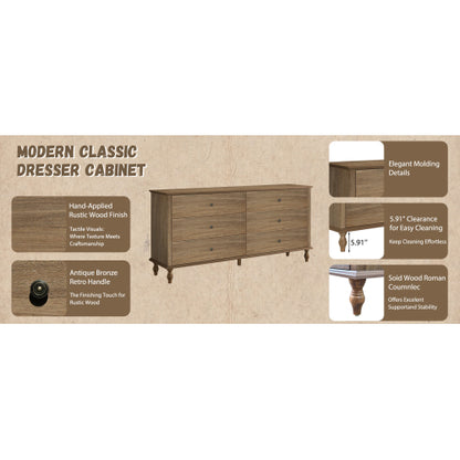 6 Drawer Double Wide Wood Dresser with Soft Close Slides & Burnt Wood Finish Brown