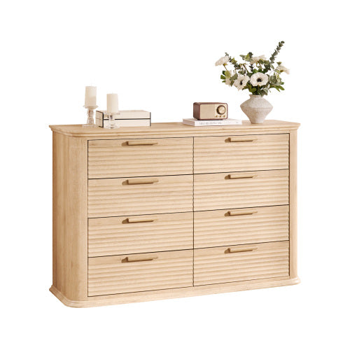 Fluted 8 Drawer Dresser, 52" Wide Modern Wood Dresser for Bedroom, Chest of Drawers with Curved Profile Design, TV Stand & Storage Organizer for Living Room, Hallway