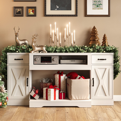 White Farmhouse 65 inch TV Stand with Adjustable Shelves and Storage