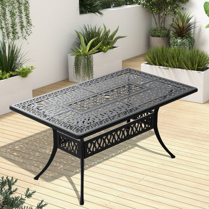L58.27*W34.65-inch Cast Aluminum Patio Dining Table With Black Frame and Umbrella Hole