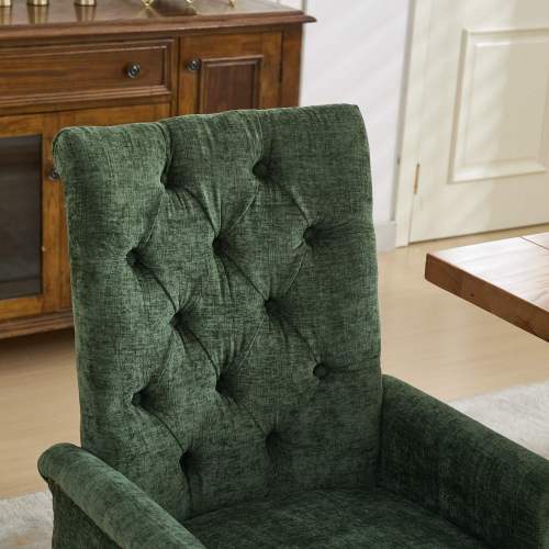 Single Olive Green Chenille Tufted Arm Dining Chair, Curved Hand Sanded Solid Wood Legs 300lbs Capacity