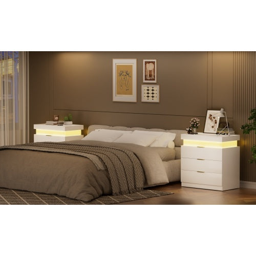 Nightstand with Charging Station and LED Lights,Night Stand with Sliding Top for Bedroom,Bedside Table with Drawers,Modern End Side Table,White.28.8''W x 17''D x 30.5''H.