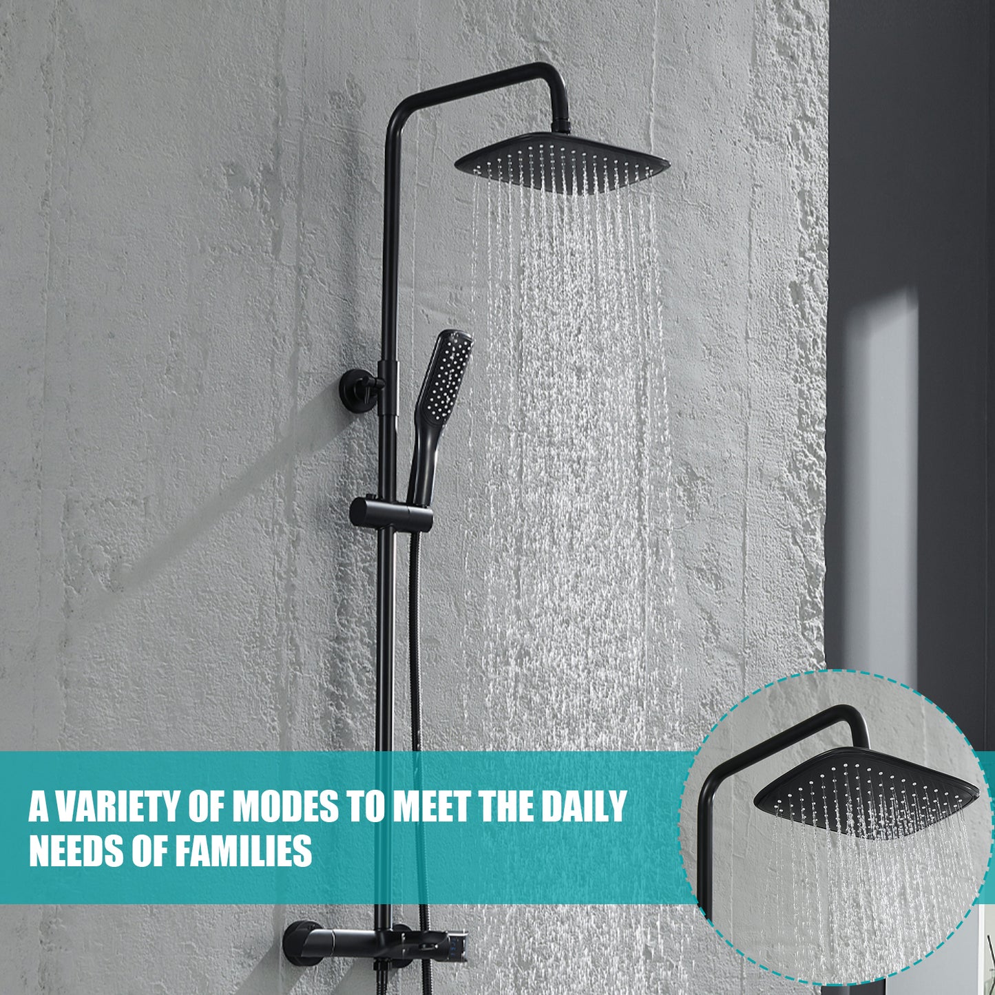 Modern Wall Bar Shower Kit 1-Spray 10 in. Square Rain Shower Head with Hand Shower in Matt Black
