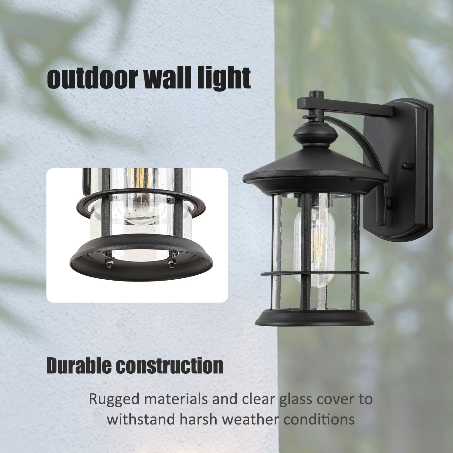 1 Waterproof Outdoor Wall Light, Clear Glass Sheet Outdoor Wall Light, Matte Black