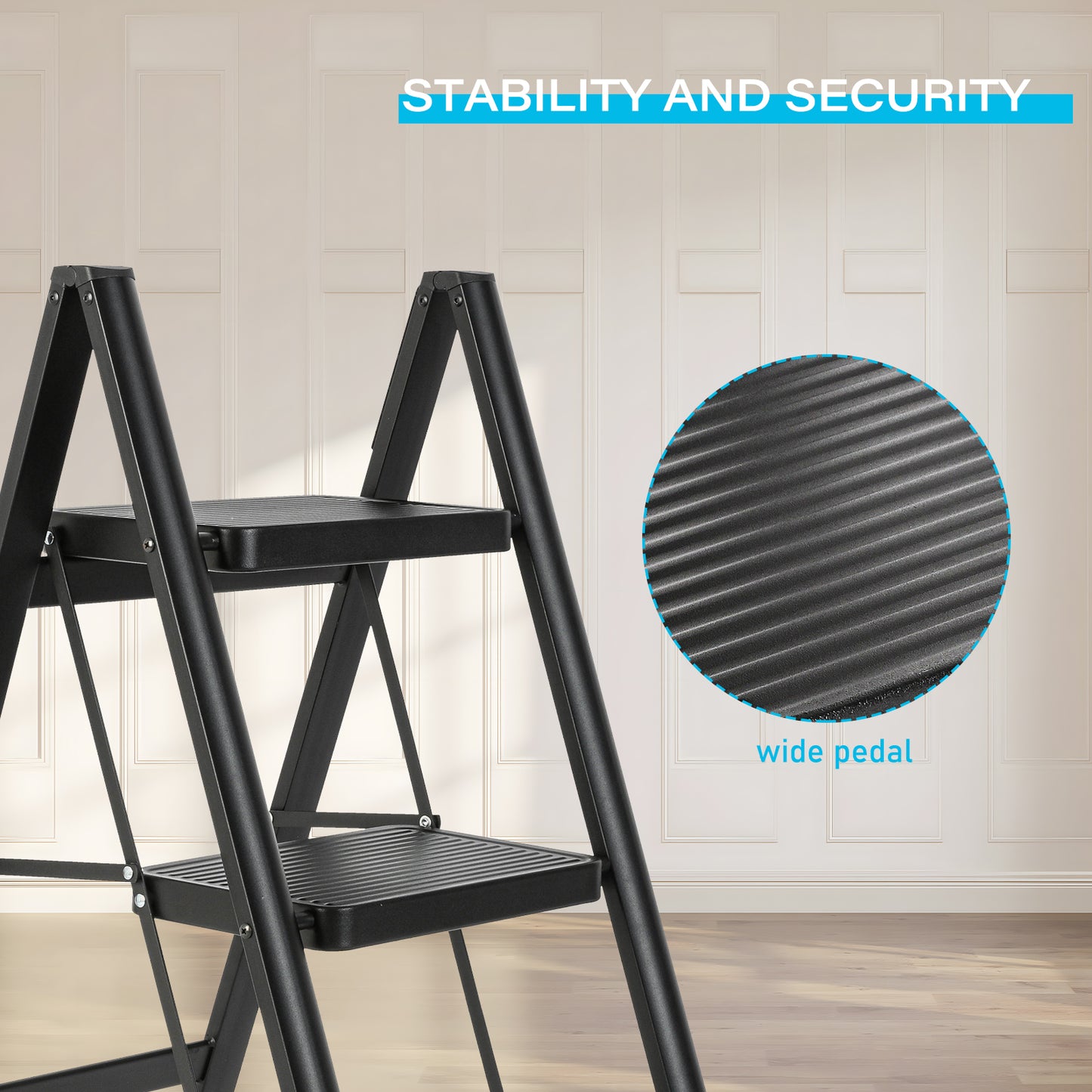 Foldable 3-step Iron Ladder, Load-Bearing Capacity 330 lbs., with Non-Slip and Widened Steps