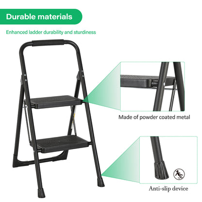 2-Step Black Iron Ladder Foldable Non-slip Outdoor Ladder Loading 330 lbs. for Home, Kitchen, Office