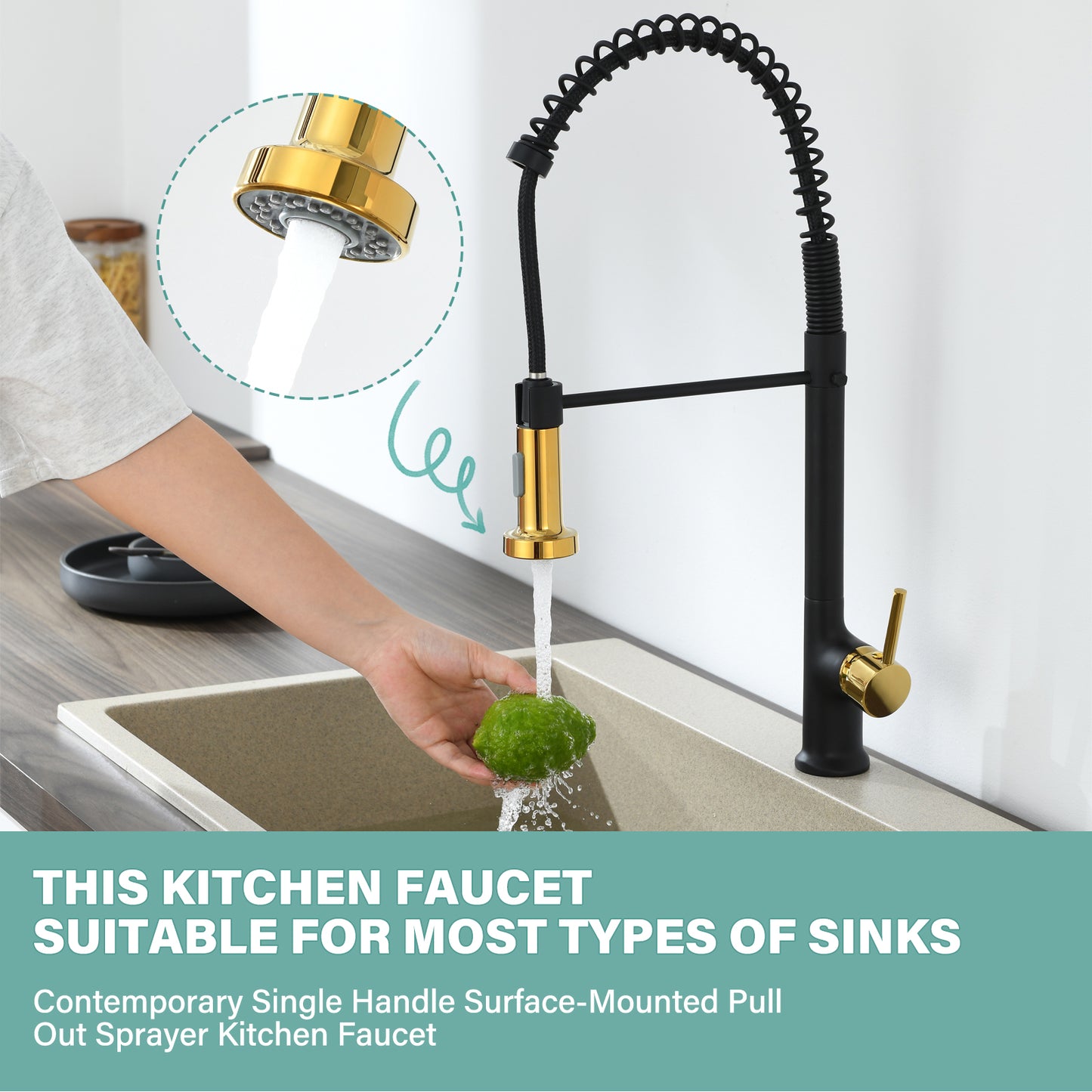 Single Handle Pull Down Sprayer Kitchen Faucet in Matte Black Gold