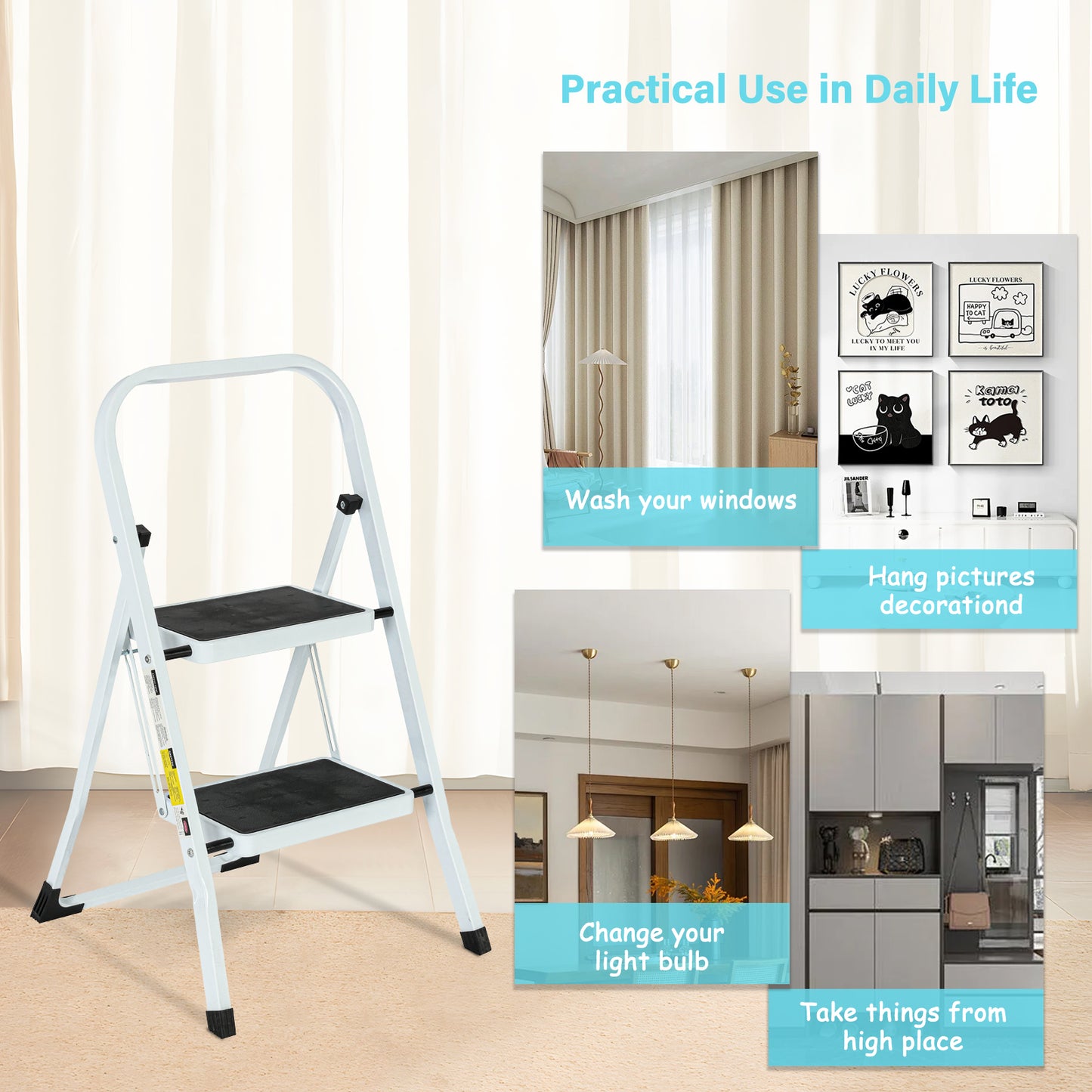 2-Step White Iron Ladder Foldable Non-slip Outdoor Ladder Loading 330 lbs. for Home, Kitchen, Office