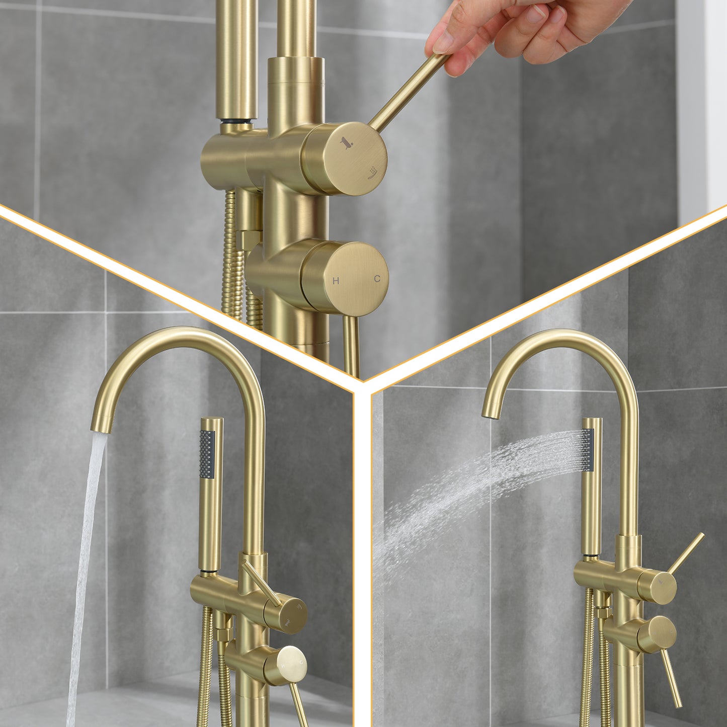 Single-Handle Free Standing Claw Foot Freestanding Tub Faucet with Handheld Shower in Brushed Gold