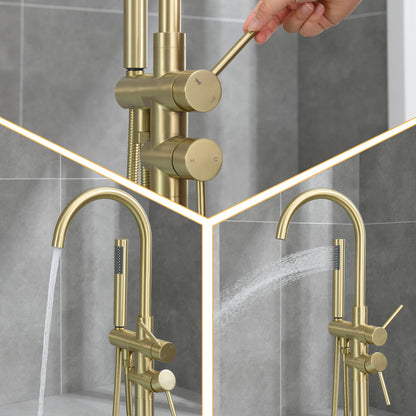 Single-Handle Free Standing Claw Foot Freestanding Tub Faucet with Handheld Shower in Brushed Gold