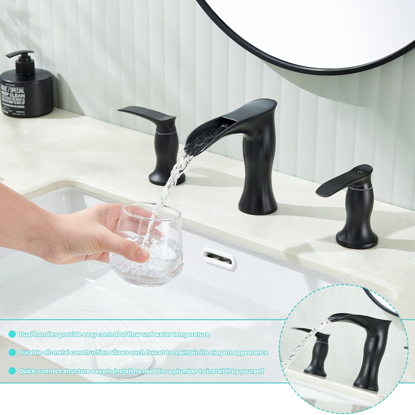 8 in. Widespread Waterfall 2-Handles 3-Holes Bathroom Faucet Lavatory Vanity Sink Faucet in Matte Black