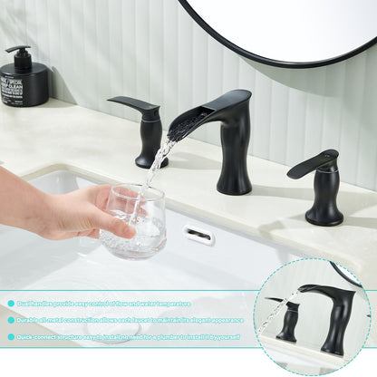 8 in. Widespread Waterfall 2-Handles 3-Holes Bathroom Faucet Lavatory Vanity Sink Faucet in Matte Black