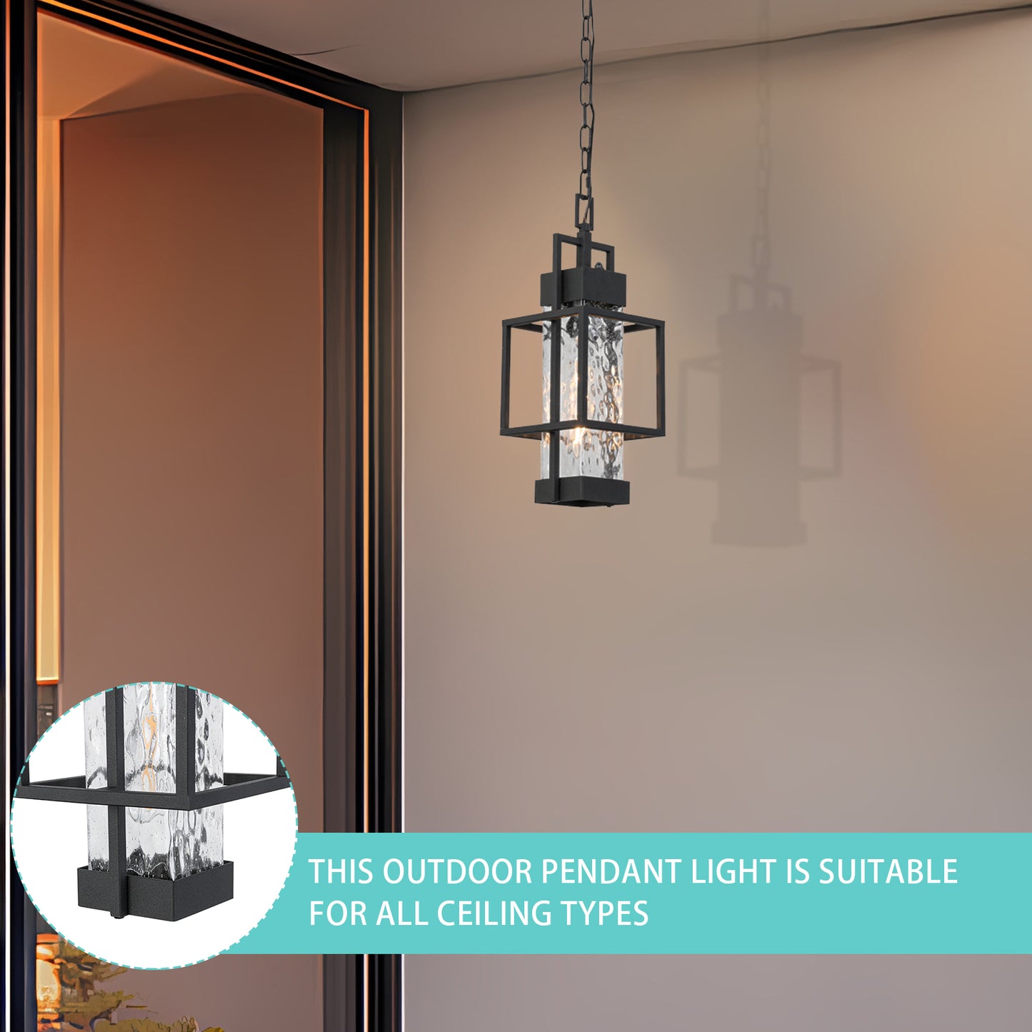 Matte Black Modern/Contemporary Textured Glass Linear Led Cfl Medium Outdoor Hanging Pendant Light