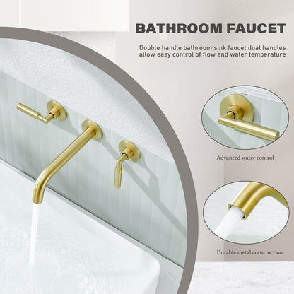 3-Hole 2-Handles Brass Wall-Mount Bathroom Faucet in Brushed Gold