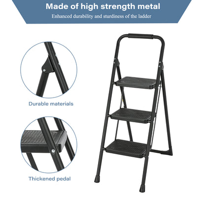 3-Step Iron Folding Step Stool Ladder 330 lbs. Load Capacity Type IA Duty Rating (6.3 ft. Reach Height), Black