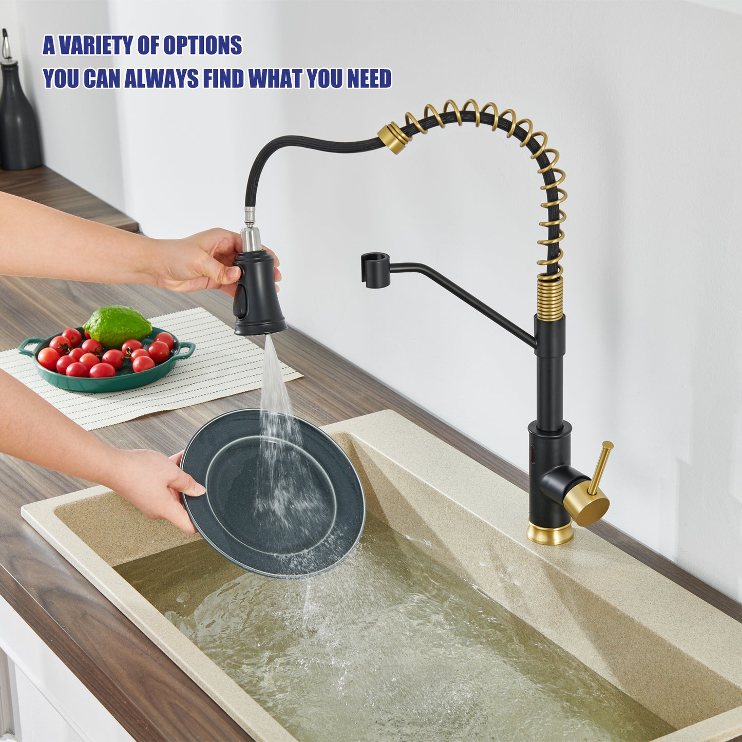 Single Handle Pull Out Sprayer Kitchen Faucet in Matte Black and Gold