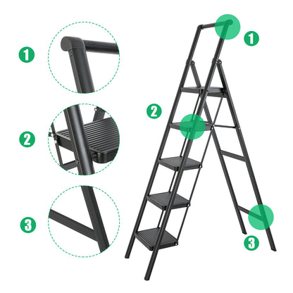 5-Step Steel Folding Step Stool Ladder 330 lbs. Load Capacity (1.5 ft. Industry Standard Ladder Height),Black