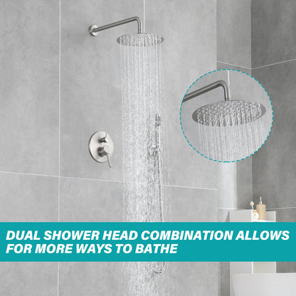 Double Handle 1-Spray Round Shower Faucet 2 GPM with 10 in. Rain Shower Head and Handheld in Brushed Nickel