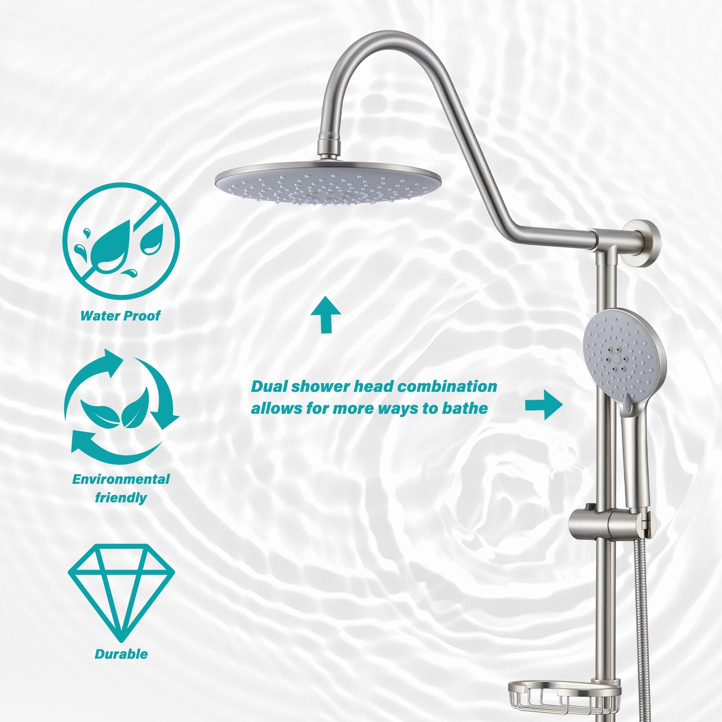 5 -Spray Patterns 8 in. 2.5 GPM Rain Wall Mount Dual Shower Heads with Handheld Shower System in Brushed Nickel