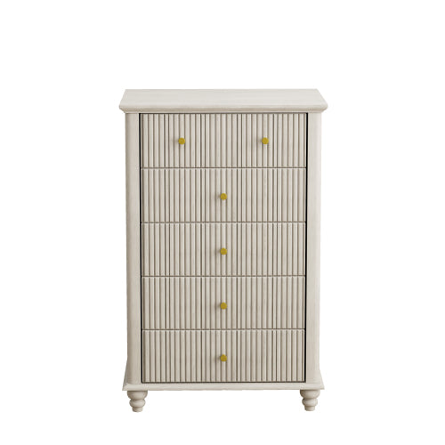 Fluted 5 Drawer Dresser, 45 Inch Tall Modern Chest of Drawers, Bedroom Dresser with Metal Handle, Wooden Drawer Organizer for Bedroom, Living Room, Hallway, Entryway, Beige
